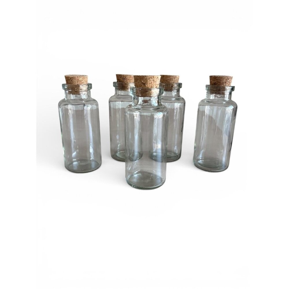 Clear Glass Storage Jars Set Of 5 Cork Lid 6 Oz Cylinder Bottles Apothecary